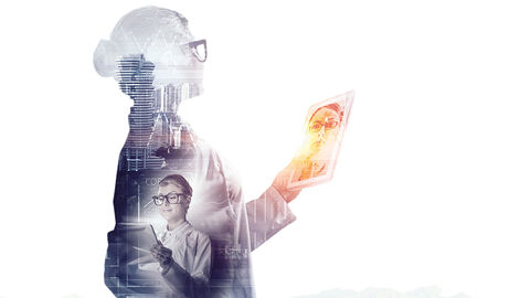 Face-to-Face im virtuellen Raum - Thema in INFORM 4/21 Bildkomposition mit Menschen und Elementen aus dem modernen Arbeitsumfeld