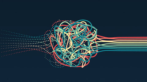 Professionelle Organisation von Daten - eine der Aufgaben der HZD Grafische Visualisierung von Datenströmen, die als gepunktete Linien in einen verschlungenen Knoten fließen und als durchgehende bunte Linien herauskommen