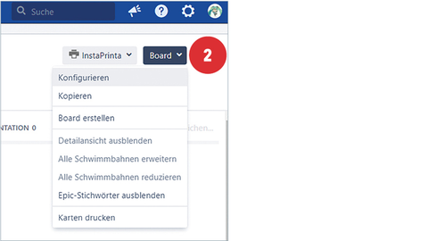Tipp der HZD IT-Fortbildung – Schritt 2 zum Einrichten von Schnellfiltern in Jira Screenshot von der Board-Administration des Kanban-Boards in Jira mit positioniertem Punkt 2