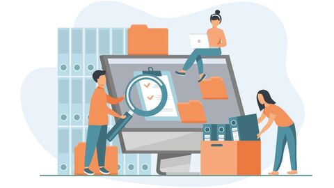 Zentral und aus einer Hand - das Anwendungsmanagement der HZD für das Hessische Landesarchiv Illustration von drei Personen, die um einen Computerbildschirm herum mit Akten, einer Lupe und einem Laptop hantieren