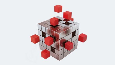 Flexibel einsetzbar - die FISBOX® als virtualisierte und standardisierte Betreiberplattform der HZD für Fachinformationen Metallisch schimmernder Kubus und zahlreichen, einzelnen Würfeln. Einige kleine Würfel sind rot und schweben losgelöst neben dem Kubus.