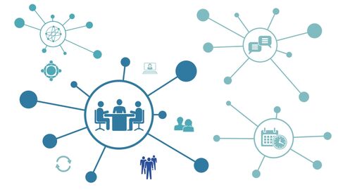 Netzartige Icons mit unterschiedlichen Symbolen, die verschiedene Bereiche der kritischen Infrastruktur versinnbildlichen.