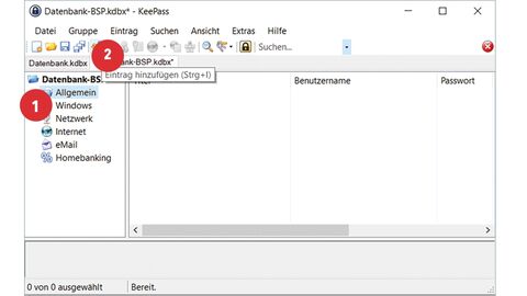 Tipp der HZD IT-Fortbildung – Anmeldeinformationen als Eintrag anlegen Screenshot vom aufgeklappten Menübaum in KeePass mit den positionierten Punkten 1 und 2