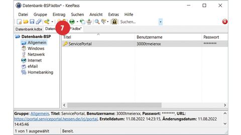 Tipp der HZD IT-Fortbildung – Passwörter über die Zwischenablage abrufen Screenshot vom aufgeklappten Menübaum in KeePass mit positioniertem Punkt 7