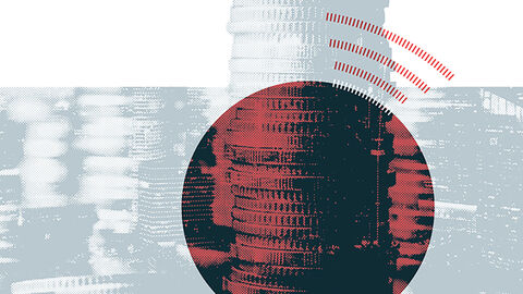Eines der Aufgabenfelder der HZD: die Umsetzung des Onlinezugangsgesetzes (OZG) Turm aus aufeinander gestapelten Münzen, im Hintergrund ist undeutlich eine „Skyline“ aus weiteren Münztürmen zu sehen