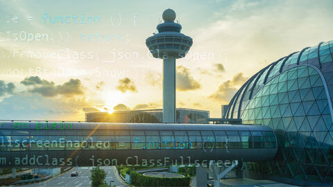 Punktlandung für eine sichere Cloud – eine der Aufgaben des HZD-Informationssicherheitsmanagements Futuristisch anmutender Flughafen mit Tower, Abflughalle und Autobahnbrücke, darüber gelegte Grafik aus Programmierbefehlen