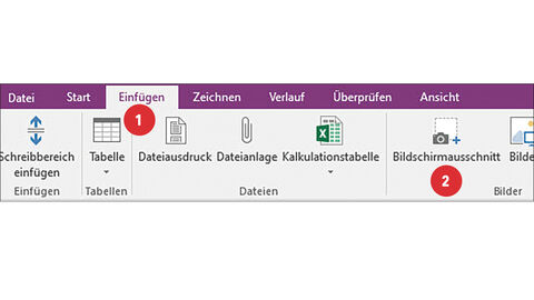 Tipp der HZD IT-Fortbildung – Bildschirmfoto in OneNote einfügen Screenshots vom der angeklickten Register-Karte „Einfügen“ in OneNote mit der Ziffer 1. Ziffer 2 befindet sich unter dem Symbol mit dem Titel „Bildschirmausschnitt“.