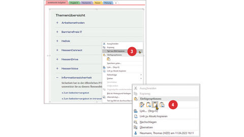 Tipp der HZD IT-Fortbildung – Text aus Bildschirmausschnitt extrahieren Screenshot von einem selbstgewählten Bildschirmausschnitt mit ausgeklapptem Kontextmenü, in dem der Punkt „Text aus Bild kopieren“ markiert und mit der Ziffer 3 versehen ist. Und Screenshot von einem Kontextmenü, in dem der Punkt „Einfügeoptionen“ markiert und mit der Ziffer 4 versehen ist.