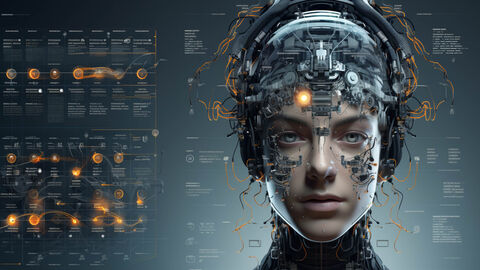 Maschinen oder kreative Köpfe – HZD-Thema „Künstliche Intelligenz“ Mit KI erzeugtes Bild in Ölmalerei-Optik, auf dem ein Cyborg mit weiblichen Gesichtszügen und sichtbaren Maschinenteilen wie Schaltkreisen und Kabeln vor einem Hintergrund mit einer Grafik zu den Entwicklungsschritten zu sehen ist