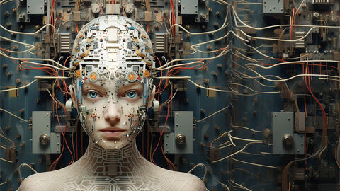 Maschinen oder kreative Köpfe – HZD-Thema „Künstliche Intelligenz“ Mit KI erzeugtes Bild in Ölmalerei-Optik, auf dem ein Cyborg mit weiblichen Gesichtszügen und sichtbaren Maschinenteilen wie Schaltkreisen und Kabeln vor einem offenen Serverschrank zu sehen ist