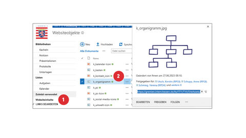 Tipp der HZD IT-Fortbildung – Bilder hochladen bei SharePoint Screenshot vom ausgewählten Menüpunkt Webseiteninhalte (1). Hinter der ausgewählten Datei befinden sich drei kleine Punkte (2).