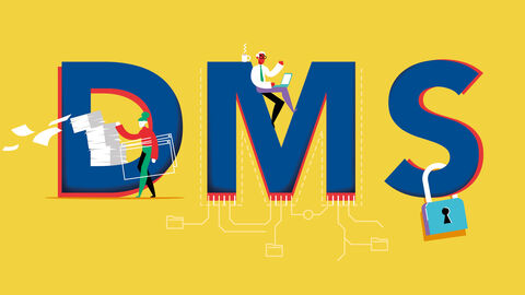 Die Zukunft der Aktenführung: digitalisierte Vorgänge mit dem Dokumentenmanagement-System DMS 4.0 der HZD Vor gelbem Hintergrund ein blauer Schriftzug „DMS“, der mit stilisierten Figuren und einem Sicherheitsschloss verziert ist