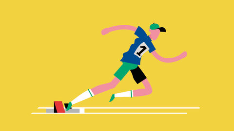 Die Zukunft der Aktenführung: digitalisierte Vorgänge mit dem Dokumentenmanagement-System DMS 4.0 der HZD Illustration mit stilisiertem Mann in Sportkleidung, der vom Startblock einer Aschenbahn lossprintet