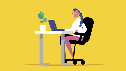 Die Zukunft der Aktenführung: digitalisierte Vorgänge mit dem Dokumentenmanagement-System DMS 4.0 der HZD Illustration mit stilisierter Frau, die am Schreibtisch sitzt und am Laptop arbeitet
