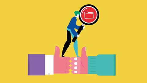 Die Zukunft der Aktenführung: digitalisierte Vorgänge mit dem Dokumentenmanagement-System DMS 4.0 der HZD Illustration von zwei mit den Daumen nach oben zeigenden Händen, auf denen ein Mann mit einer übergroßen Lupe steht, in deren Linse ein Ordnersymbol zu sehen ist