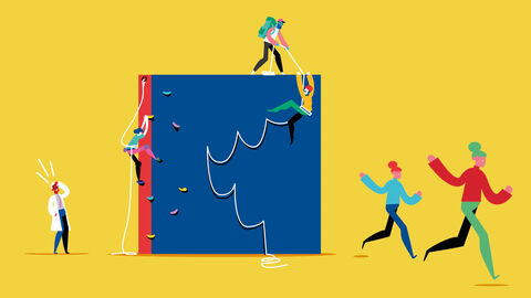Die Zukunft der Aktenführung: digitalisierte Vorgänge mit dem Dokumentenmanagement-System DMS 4.0 der HZD Illustration mit stilisierten Menschen, von denen drei mit Kletterausrüstung ein übergroßes Buch erklimmen