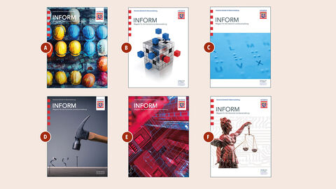 Die Titel der INFORM zeigen eindrücklich die Themenvielfalt des Kundenmagazins. Collage aus sechs Covermotiven aus der Magazingeschichte der INFORM.