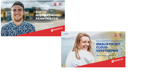Nachwuchstalente gesucht: die HZD-Stellenangebote für dual Studierende Zwei Motive der Stellengesuche für die Zielgruppe der dual Studierenden: „Idealistin mit Cloud-Verständnis“ und „Softie mit Hardware-Kennnissen“