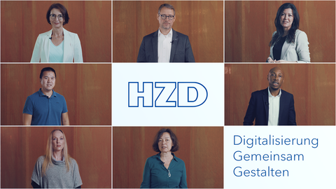Titelbild_HZD Imagefilm_Langfassung Titelfoto Imagefilm mit Fotocollage von HZD-Mitarbeiterinnen und -Mitarbeitern