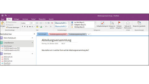 OneNote listet die eigenen Notizbücher auf Screenshot von OneNote: Startseite mit Menüstruktur und persönlichen Notizbüchern in der Übersicht