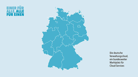 Kooperationspartner der Cloud-Transformation: sämtliche deutschen Bundesländer und die HZD Stilisierte Deutschlandkarte mit durch eine schwarze Umrandung markierten Bundesländern, die alle in das Programm Cloud-Transformation eingebunden sind.