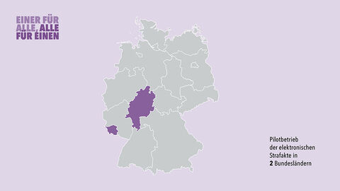 Kooperationspartner bei der elektronischen Strafakte: zwei Bundesländer und die HZD Stilisierte Deutschlandkarte, darauf farbig markiert die zwei bei der elektronischen Strafakte kooperierenden Bundesländer