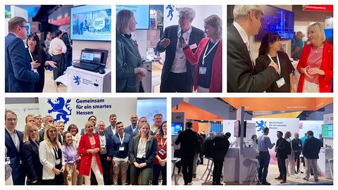 Impressionen von der SCCON 2024 mit fünf Fotos, auf denen unter anderem Digitalministerin Prof. Dr. Kristina Sinemus und ihr Staatssekretär Stefan Sauer zu sehen sind