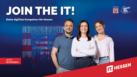 Starker Partner der Arbeitgebermarke IT Hessen: die HZD Berufseinstiegs-Motiv der Arbeitgebermarke IT Hessen mit der Aufforderung „Join the IT! Deine digITale Kompetenz für Hessen.“