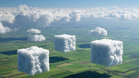 Teil des Angebots in der Deutschen Verwaltungscloud: Cloud-Services aus dem FISBOX® Baukasten Luftaufnahme von Landschaft mit grünen Feldern, darüber im Hintergrund eine weiße Wolkendecke und im Vordergrund einzelne wie Würfel geformte Wolken