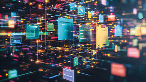 Register neu interpretiert mit dem National Once Only Technical System KI-generierte Bildkomposition aus stilisierten Hängeregister-Ordnern in unterschiedlichen Farben, die in einem dunklen Raum zu hängen scheinen