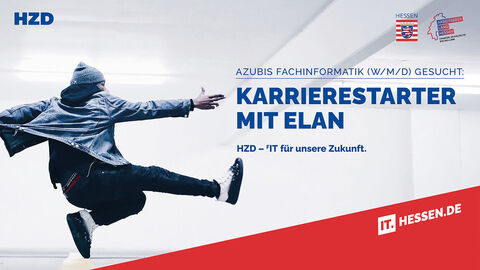 Beste Aussichten für IT-Interessierte: die Ausbildung Fachinformatik bei der HZD Titelmotiv einer Stellenanzeige der HZD mit einem Jungen, der mit ausgestrecktem Arm und Bein einen Sprung macht, und dem Text „Gesucht: Karrierestarter mit Elan“
