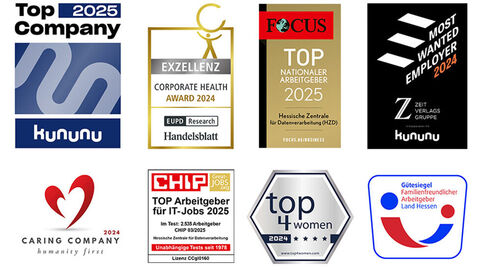 Ausgezeichneter Arbeitgeber: die HZD Abbildung der Logos Kununu Top Company, Handelsblatt Corporate Health, Focus Top nationaler Arbeitgeber, Zeit/Kununu Most Wanted Employer, Caring Company, Chip Top-Arbeitgeber, Top4Women, und familienfreundlicher Arbeitgeber Land Hessen