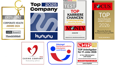 Abbildung der Logos Handelsblatt Corporate Health, Kununu Top Company, Focus Money Karrierechancen IT-Spezialisten, Focus Top nationaler Arbeitgeber, Caring Company, familienfreundlicher Arbeitgeber Land Hessen und Chip Top-Arbeitgeber für IT-Jobs