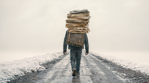 Wanderer unterwegs auf winterlicher Straße, der einen hoch mit Papierakten beladenen alten Lederrucksack auf dem Rücken trägt