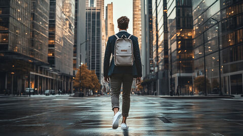 Mann in Business-Casual-Outfit mit Rucksack auf dem Rücken, der mitten auf einer von Hochhäusern gesäumten Straße läuft