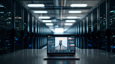 im Mittelgang eines Rechenzentrums stehender Laptop, auf dessen Monitor das Bild eines Wanderers mit einem aktenbeladenen Rucksack zu sehen ist