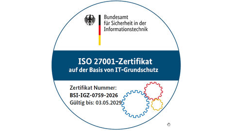 Logo des BSI-Zertifikat, das die HZD für die Zertifizierung ihrer Rechenzentren erhalten hat