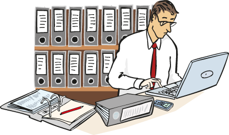 Buero-Arbeit-1 Ein Mann arbeitet in einem Büro an einem Klapp-Computer.